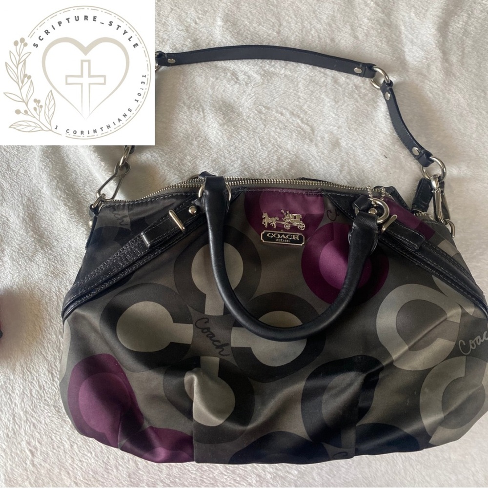 Coach Black and Purple Shoulder Bag with Signature Monogram